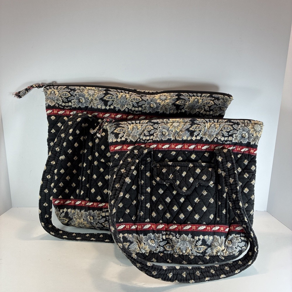 Vera Bradley 2 Bag Set Black Shoulder Tote and Purse Feminine Floral Quilted